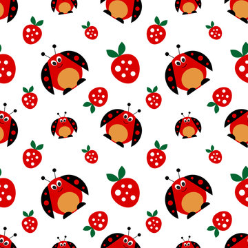 Seamless vector pattern with insects, symmetrical background with bright cute comic ladybugs and strawberries, on the white backdrop. Series of Animals and Insects Seamless Patterns.