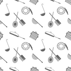 Seamless vector pattern with grey kitchenware on the white background.