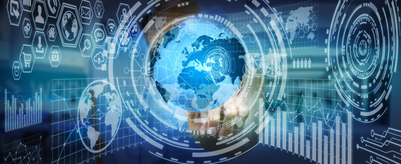 Obraz premium Businesswoman holding digital charts and globe