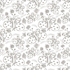 Seamless vector pattern. Cute black and white background with hand drawn butterflies and scribbles. Series of Cartoon, Doodle, Sketch and Scribble Seamless Vector Patterns.