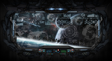 Fototapeta premium Window view of space and planets from a space station