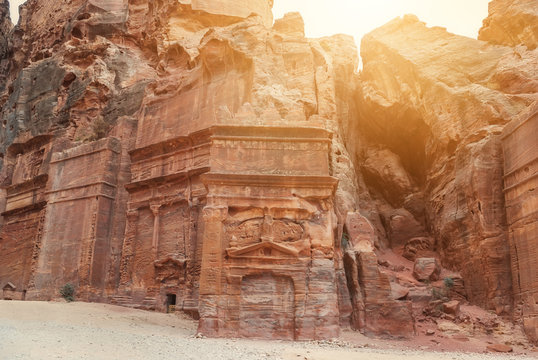 Street of Facades, riddling the walls of the Outer Siq. Ancient city of Petra, Jordan