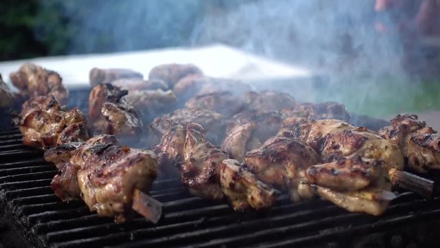 Grill cooking of meat outdoor