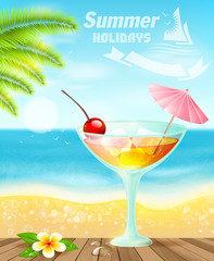Summer cocktails on sea beach.Summer holiday vacation travel background.