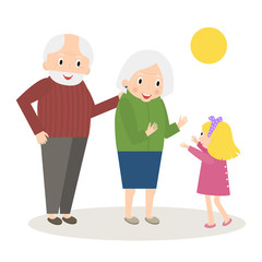 Senior people happy leisure time with granddaughter. Happy Grandparents with little granddaughter. Vector illustration