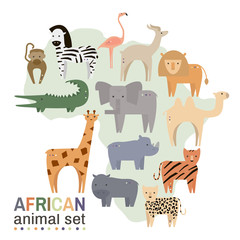 African animals in geometric flat style. Hippo, giraffe, flamingo, elephant, lion, monkey, giraffe, rhino, zebra,crocodile, lynx,gazelle, rhinoceros isolated on white. Vector illustration