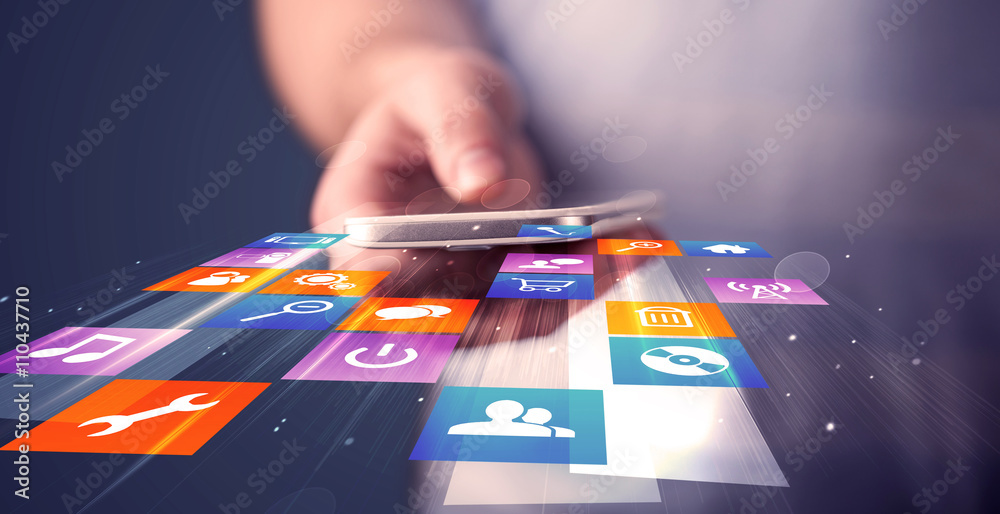 Aufkleber man holding smart phone with colorful application icons
