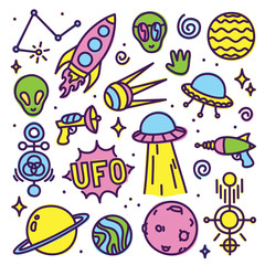 Hand drawn cartoon Alien space vector set