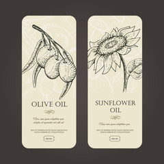 Vector template labels for olive and sunflowers oils. Woodcut style.