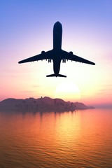 Airplane flying over the city and the beach sunrise 3d rendering
