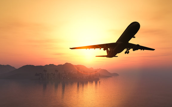 Airplane flying over the city and the beach sunrise 3d rendering
