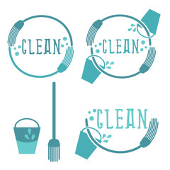 Set of cleaning labels with mop. Vector illustration
