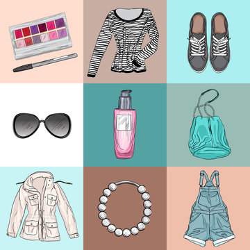 fashion set of woman's clothes, accessories and cosmetics