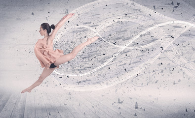 Performance ballet dancer jumping with energy explosion particle