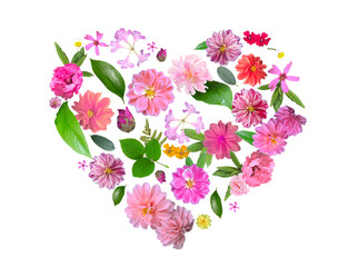 Heart Made from Summer Pink Flowers and Green Leaves Isolated on