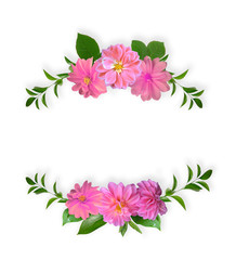 Frame Made from Summer Pink Flowers and Green Leaves Isolated on