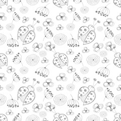 Seamless vector pattern with insects. Cute hand drawn background with ladybugs and flowers on the white backdrop. Series of Cartoon, Doodle, Sketch Seamless Patterns.