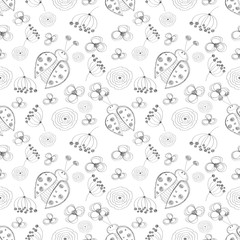Seamless vector pattern with insects. Cute hand drawn background with ladybugs and flowers on the white backdrop. Series of Cartoon, Doodle, Sketch Seamless Patterns.