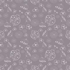 Seamless vector pattern with insects. Cute hand drawn background with ladybugs and flowers on the dark grey backdrop. Series of Cartoon, Doodle, Sketch Seamless Patterns.