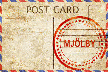 Mjolby, vintage postcard with a rough rubber stamp