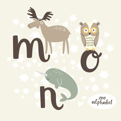 Cute zoo alphabet in vector. M, n, o letters. Funny animals. Moose, narwhal and owl. - 110441903