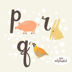 Cute zoo alphabet in vector. P, q, r letters. Funny animals. Pig, rabbit and quail. - 110441918