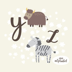 Cute zoo alphabet in vector. Y, z letters. Funny animals. Yak and zebra. - 110441926