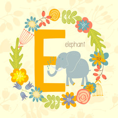 Cute Zoo alphabet, Elephant with letter E and floral wreath in vector. - 110442900