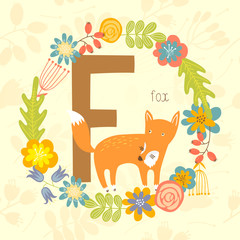 Cute Zoo alphabet, Fox with letter F and floral wreath in vector. - 110442912
