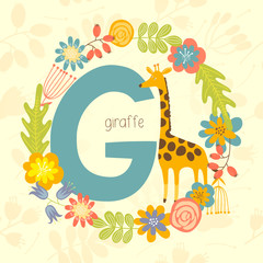 Cute Zoo alphabet, Giraffe with letter G and floral wreath in vector. - 110442958