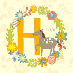 Cute Zoo alphabet, Horse with letter H and floral wreath in vector. - 110442972