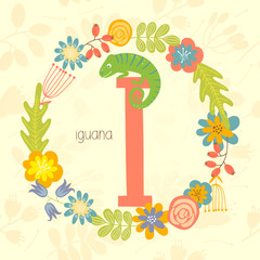 
Cute Zoo alphabet, Iguana with letter I and floral wreath in vector. - 110442982