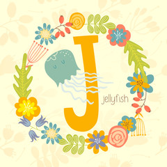 Cute Zoo alphabet, Jellyfish with letter J and floral wreath in vector. - 110442990