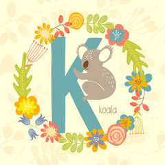 Cute Zoo alphabet, Koala with letter K and floral wreath in vector. - 110442997