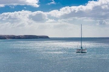 Fototapeta premium Segel - Katamaran bei Sonnenschein auf dem atlantik vor Lanzarote