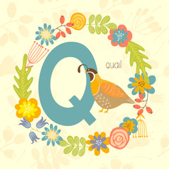 Cute Zoo alphabet, Quail with letter Q and floral wreath in vector. - 110443177