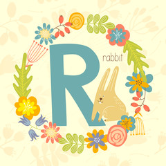 Cute Zoo alphabet, Rabbit with letter R and floral wreath in vector. - 110443184