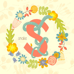 Cute Zoo alphabet, Snake with letter S and floral wreath in vector. - 110443194