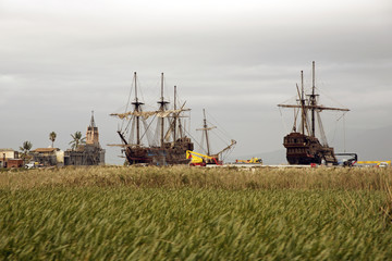 Fototapeta premium FAURE WESTERN CAPE SOUTH AFRICA. A film set of old saling ships at Cape Town film studios at Faure near Cape Town Southern Africa