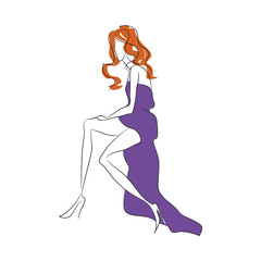 Fototapeta na wymiar Vector fashion sketch. Beautiful model posing at fashion magazine photoshooting sitting in long blue dress with high cut, high heels classic shoes and long legs. Skinny body silhouette. Haute couture