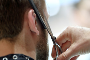Hairdresser trimming hair with scissors