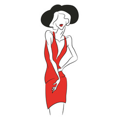 Vector fashion sketch. Beautiful model posing at photoshoot in short v-shaped red dress. Skinny body silhouette, black hat, soft red lips. Haute couture fashion show. Fashion magazine photoshooting