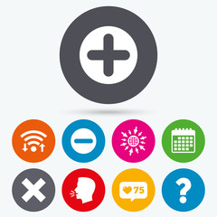 Plus and minus icons. Question FAQ symbol.