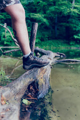 Picture of man shoes standing on a tree log