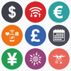 Dollar, Euro, Pound and Yen currency icons.