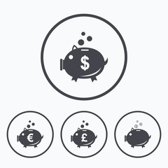 Piggy bank icons. Dollar, Euro, Pound moneybox.