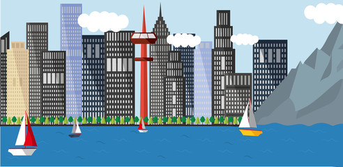 Fototapeta premium Seascape with yachts and skyscraper of-the horizon.