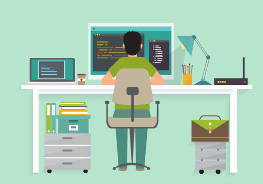 Programmer working writing code at his desk with multiple displays.Programmer concept, Flat style modern vector illustration