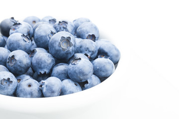 Freshly picked organic blueberries in white bowl - close up studio shot with focus on berries