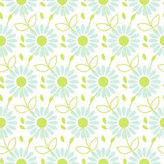 Daisy chamomile vector seamless pattern. Blue camomile floral and leaves background for wrapping, textile or linen.
